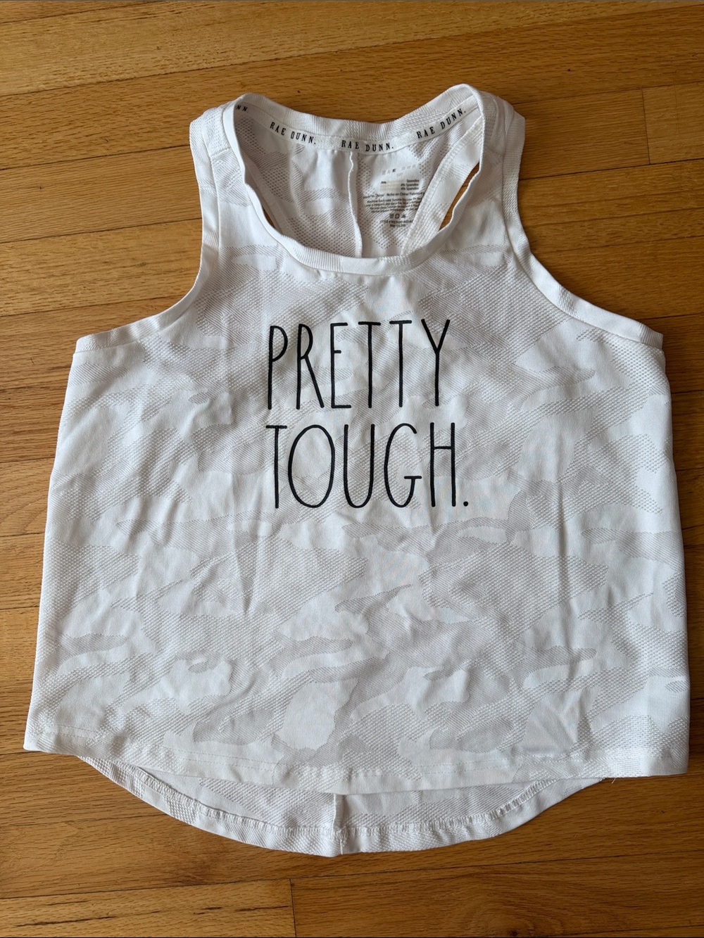 Rae Dunn White Kids Tank Top with Black "Pretty Tough" Text